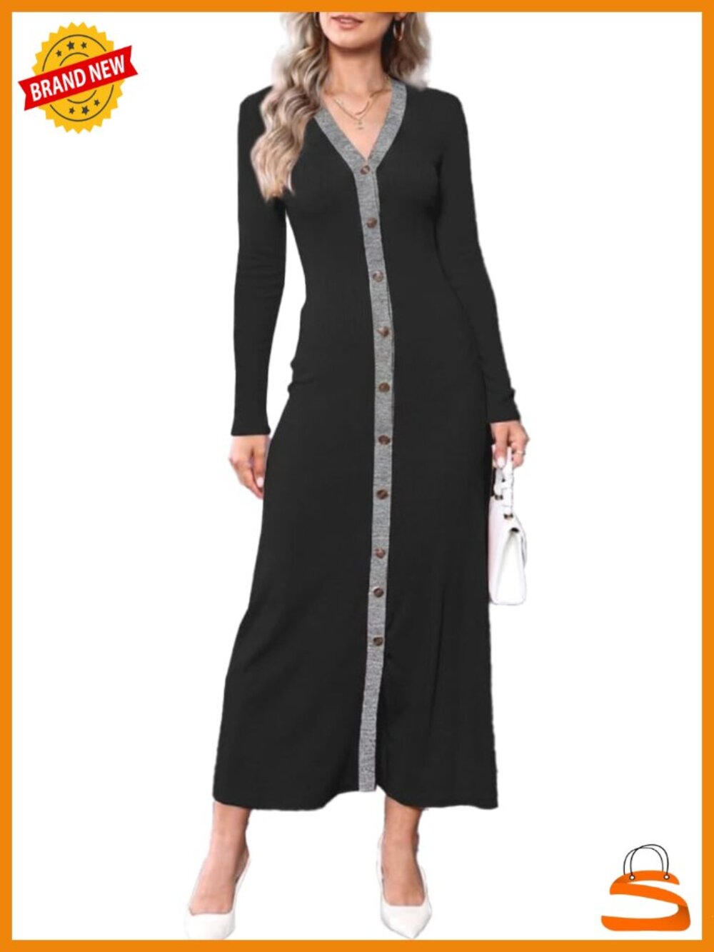 Ribbed Knit Bodycon Sweater Midi Dress Long Sleeve V-Neck Button Down